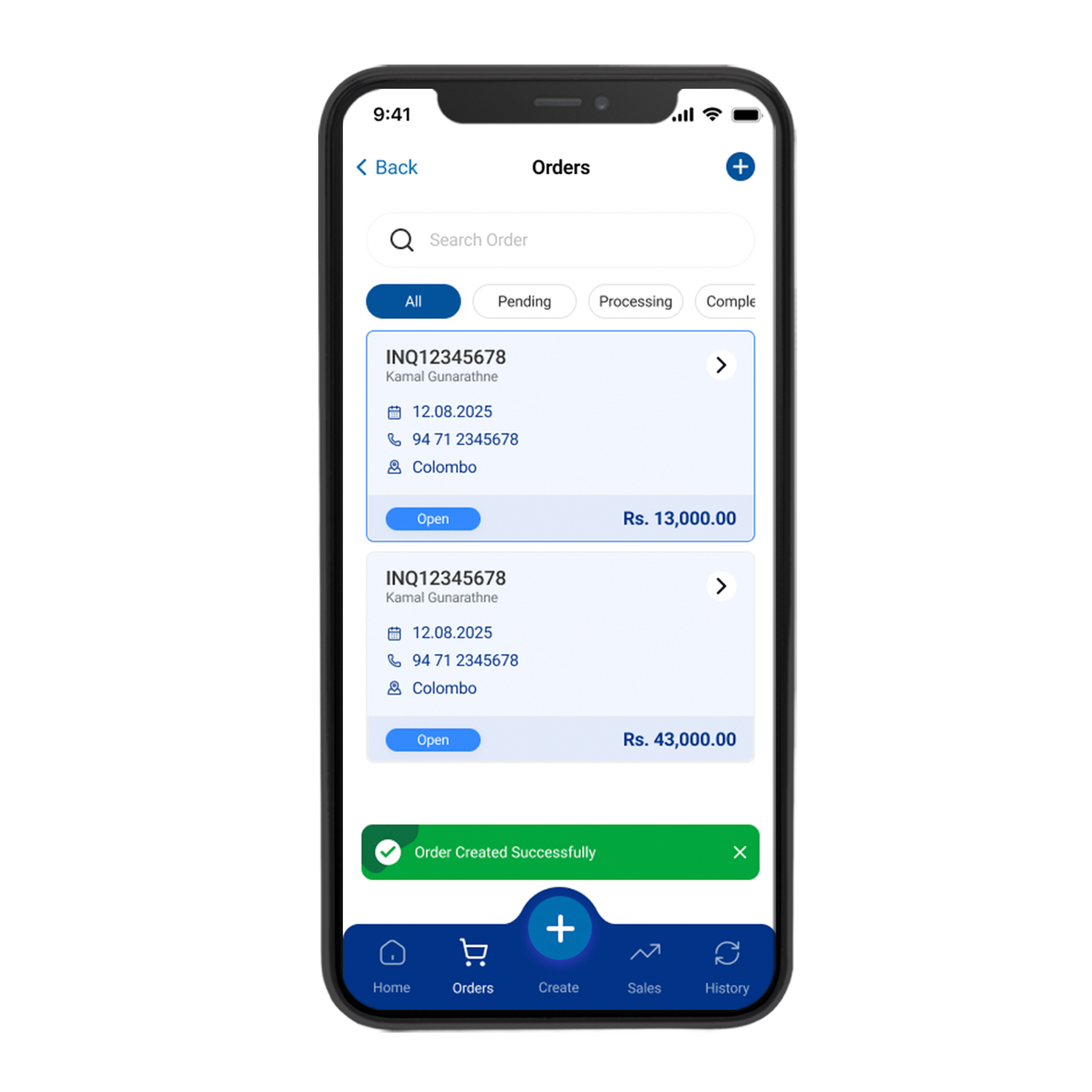 Storemate app orders list with search and status filters